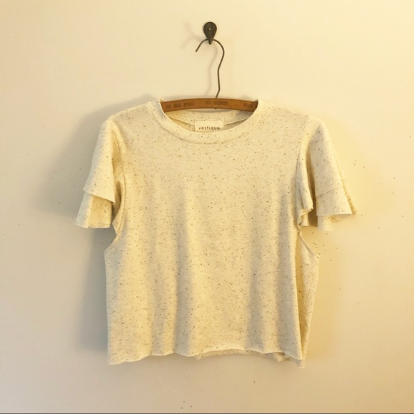 Vestique Ruffle Bell Sleeve Marled Cream Crop Top - Picture 1 of 6
